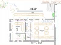 Plan : niveau jardin - gite grande capacité – salle polyvalente - salle à manger –cuisine – terrasse