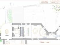 Plan : niveau jardin écogite Haute Roche cuisine et living et terrasse